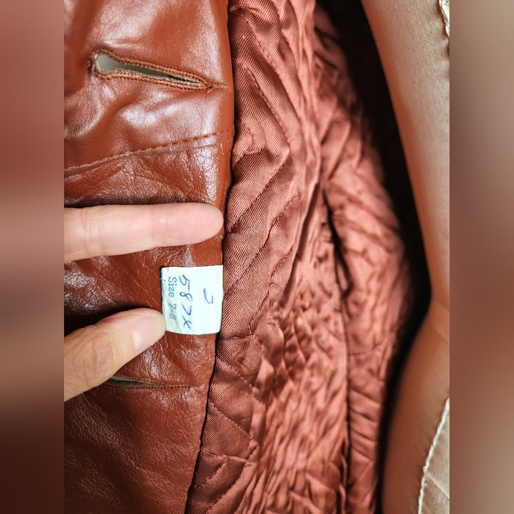70s Brown Leather Coat Jacket Trench Coat Jacket Belted Quilted Lining XXS XS - Picture 11 of 12